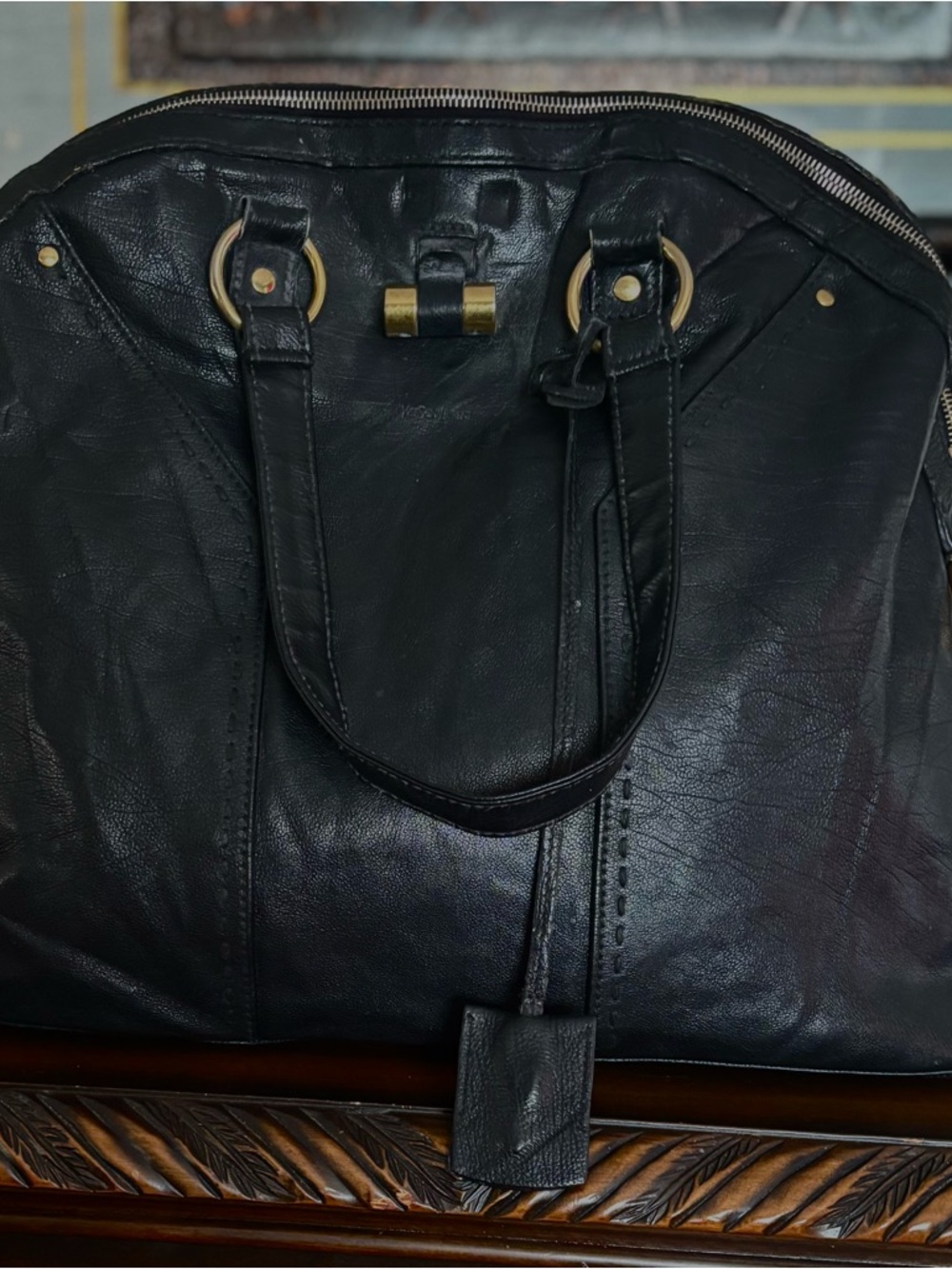 Yves Saint Laurent Black Leather Interior with Gold Logo Tag - Picture 6 of 12
